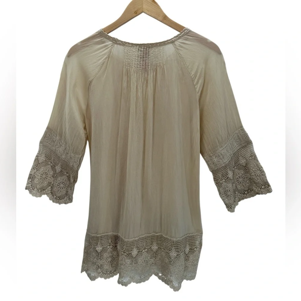 Johnny Was Beige Lace Embroidered Tunic Blouse Boho Romantic Festival Chic S
